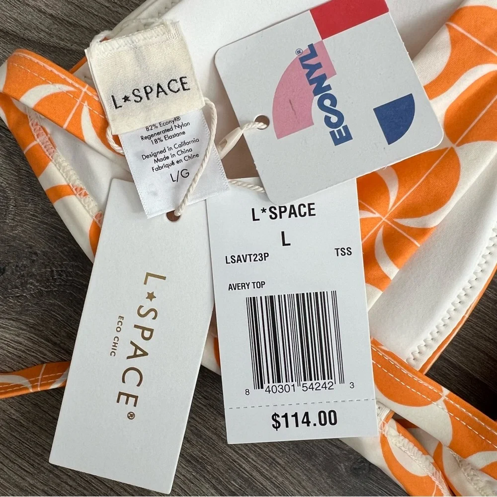 L*SPACE Avery Bikini Top Large Orange White Wrap Around Swimwear Retro 70s Boho